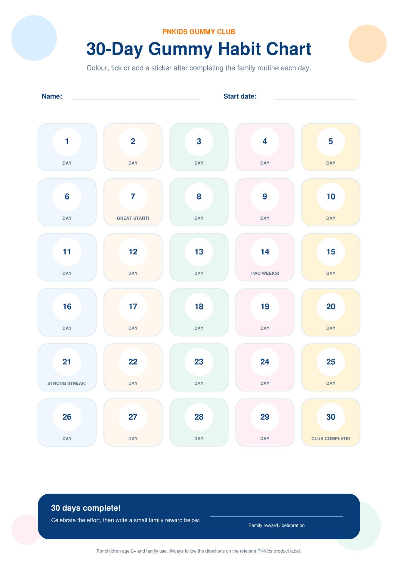 PNKids Gummy Club 30-day reward chart